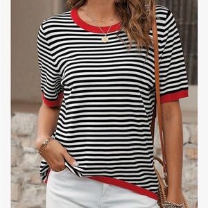 Striped Black and White Top with Red Accents